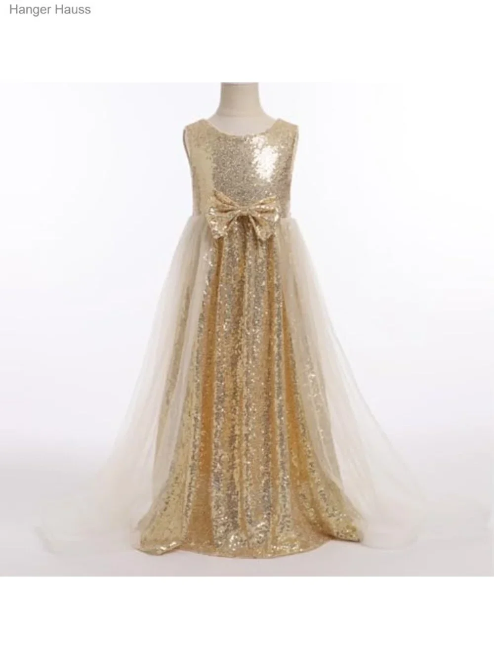 Sleeveless Sequin Tulle Maxi Dress Bowknot Pageant Birthday Party Gown